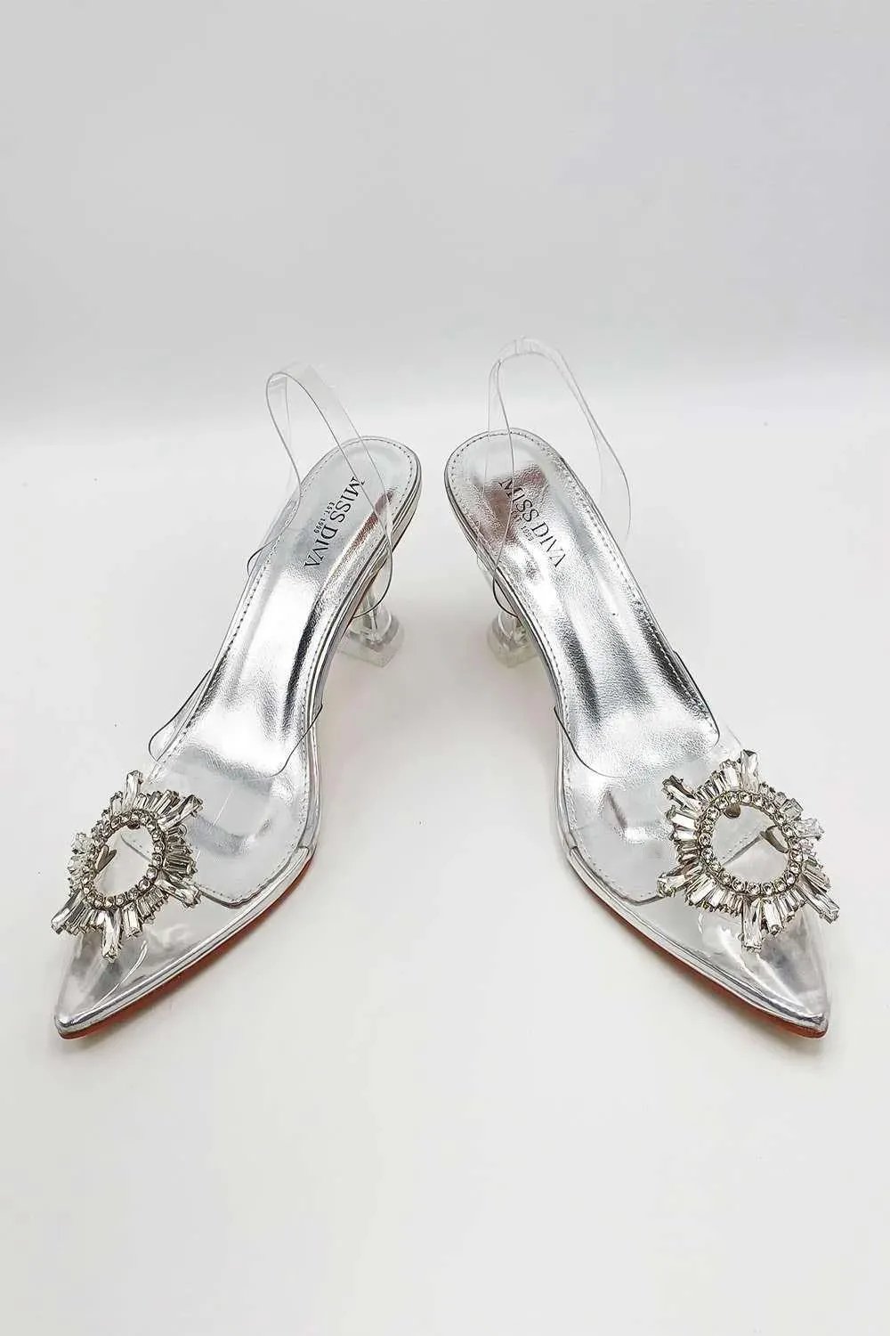 Leyra Diamante Brooch Slingback Perspex Court Shoes in Silver