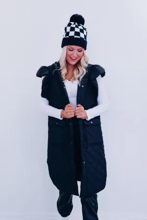 Lively Long Puffer Hoodie Vest - Black