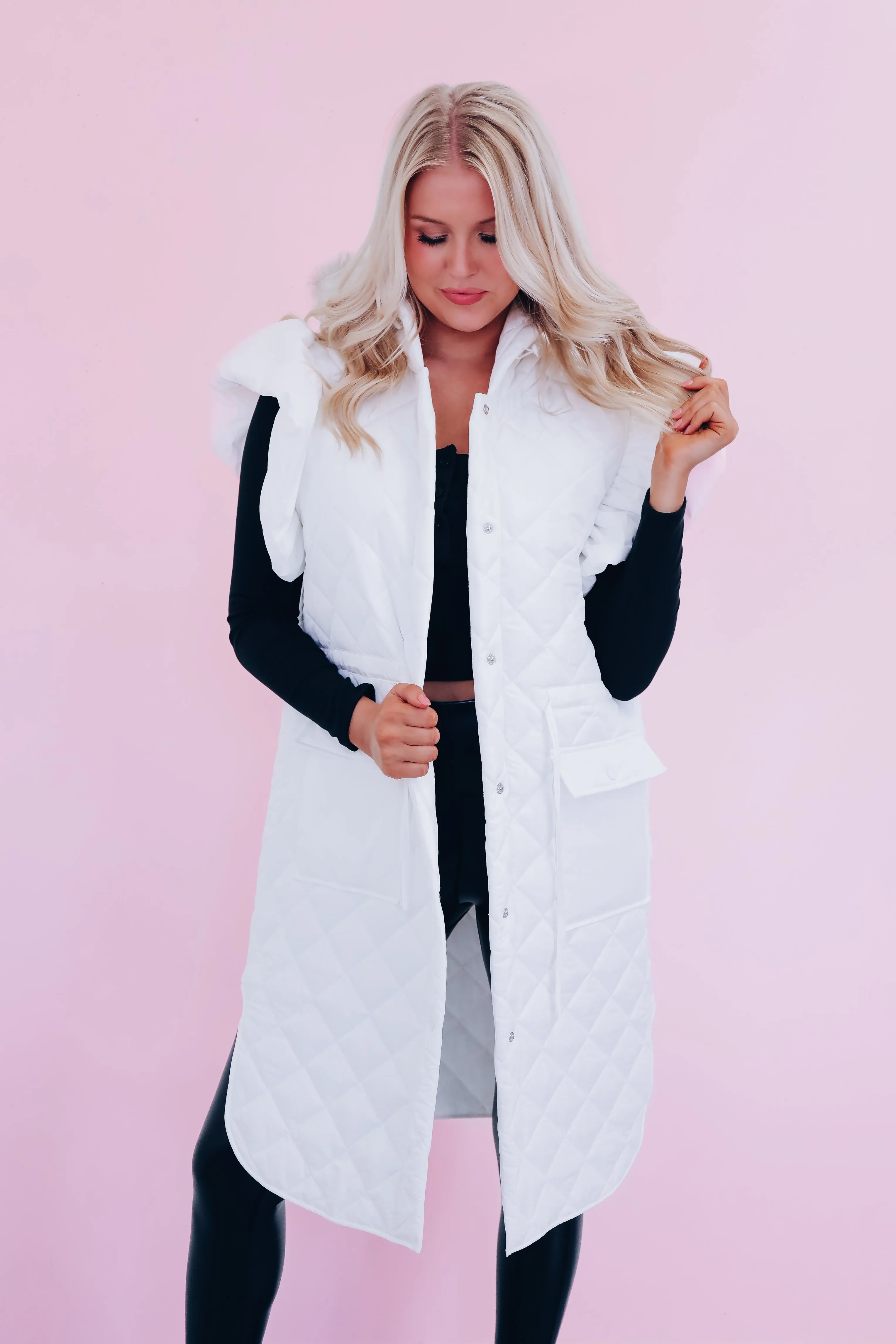 Lively Long Puffer Hoodie Vest - White