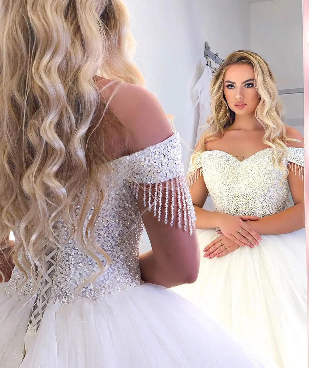 Long Princess Off-the-Shoulder Wedding Dress with Tulle