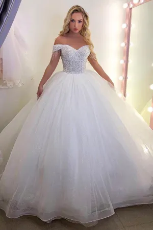 Long Princess Off-the-Shoulder Wedding Dress with Tulle