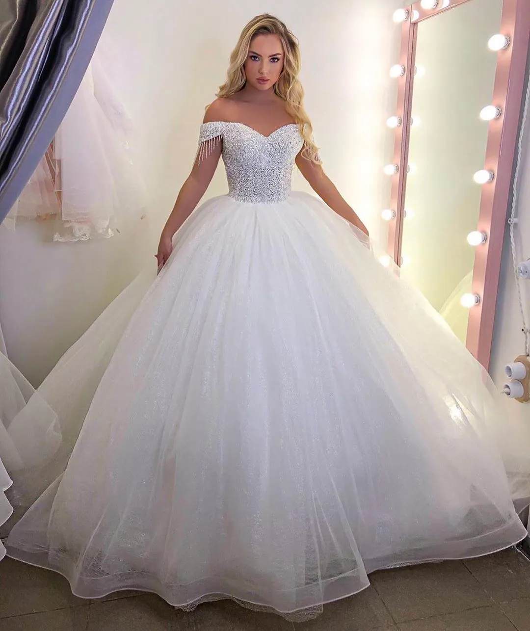 Long Princess Off-the-Shoulder Wedding Dress with Tulle