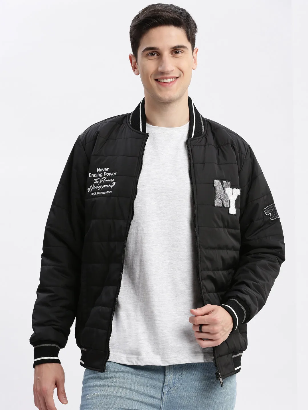 Men Typography Mandarin Collar Black Puffer Jacket