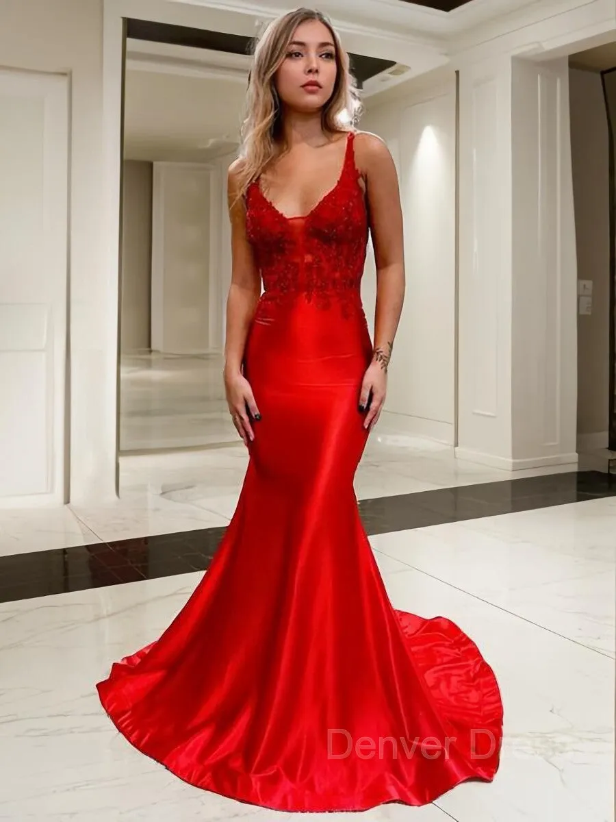 Mermaid V-neck Court Train Elastic Woven Satin Prom Dresses With Appliques Lace