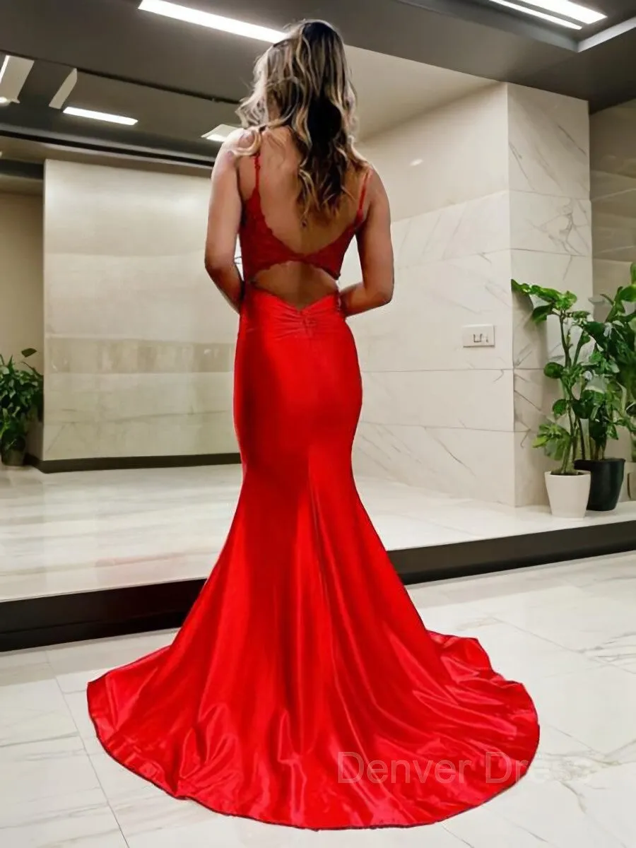 Mermaid V-neck Court Train Elastic Woven Satin Prom Dresses With Appliques Lace