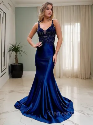 Mermaid V-neck Court Train Elastic Woven Satin Prom Dresses With Appliques Lace