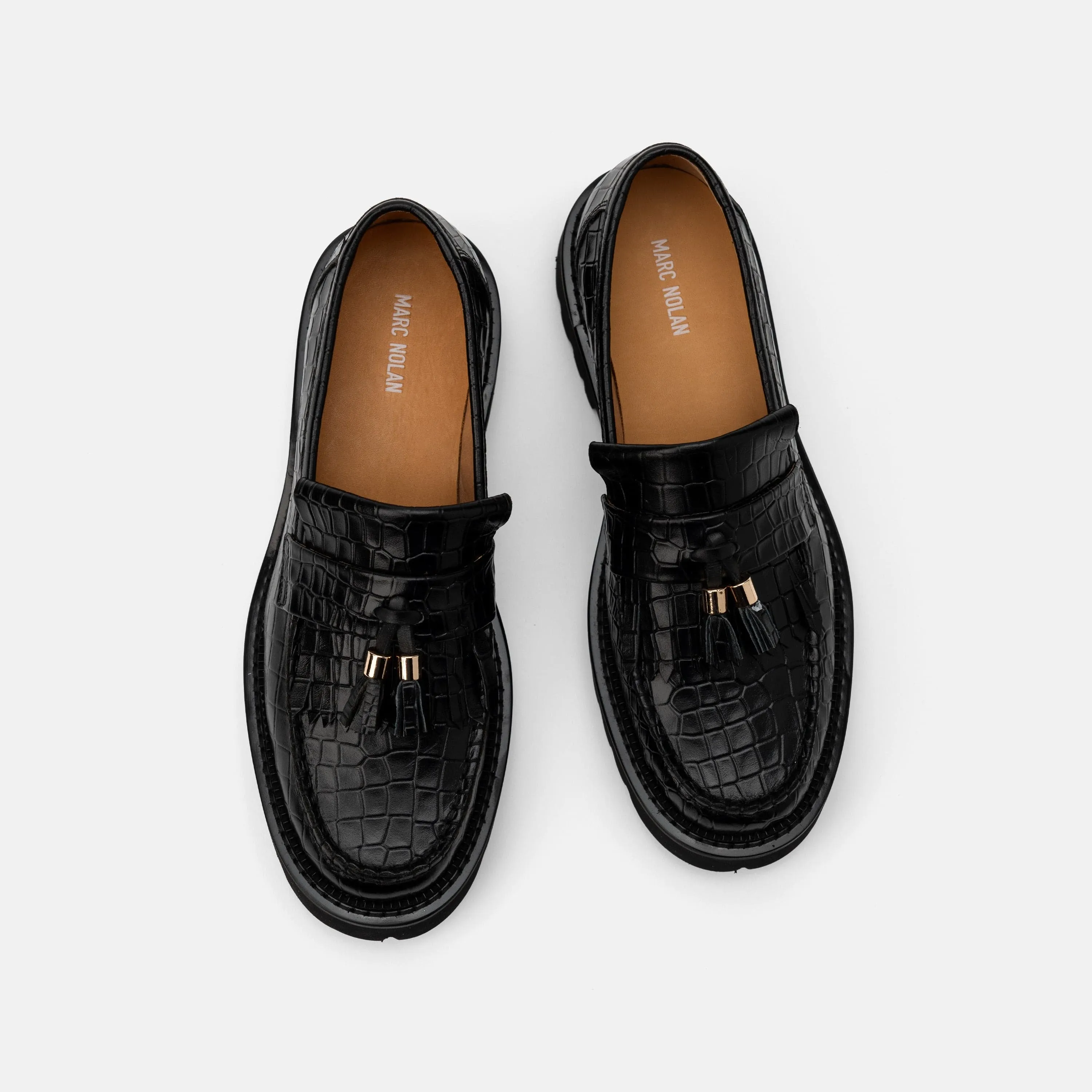 Ms. Journey Black Croc Leather Lug Tassel Loafer