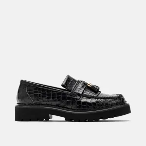 Ms. Journey Black Croc Leather Lug Tassel Loafer