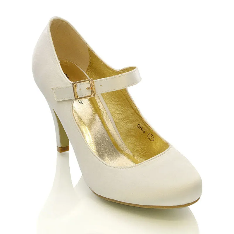 Nadia Strappy Buckle mid Stiletto High Heel Sandals Bridal Shoes for Wedding in Ivory Satin