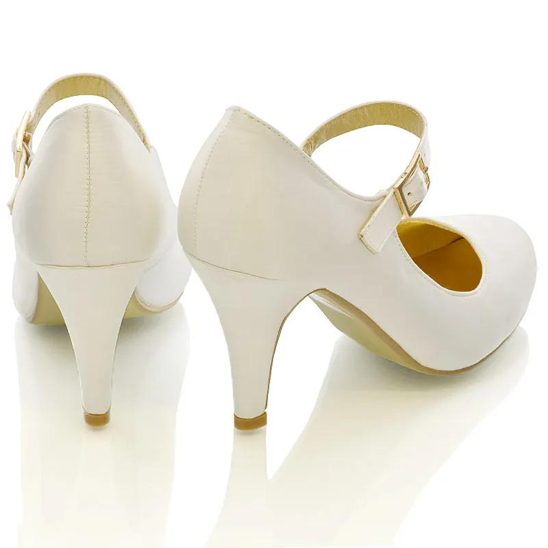 Nadia Strappy Buckle mid Stiletto High Heel Sandals Bridal Shoes for Wedding in Ivory Satin