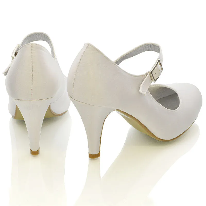 Nadia Strappy Buckle mid Stiletto High Heel Sandals Bridal Shoes for Wedding in White Satin