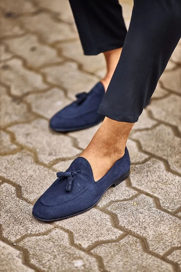 Navy Blue Suede Tassel Loafers for Men | GentWith