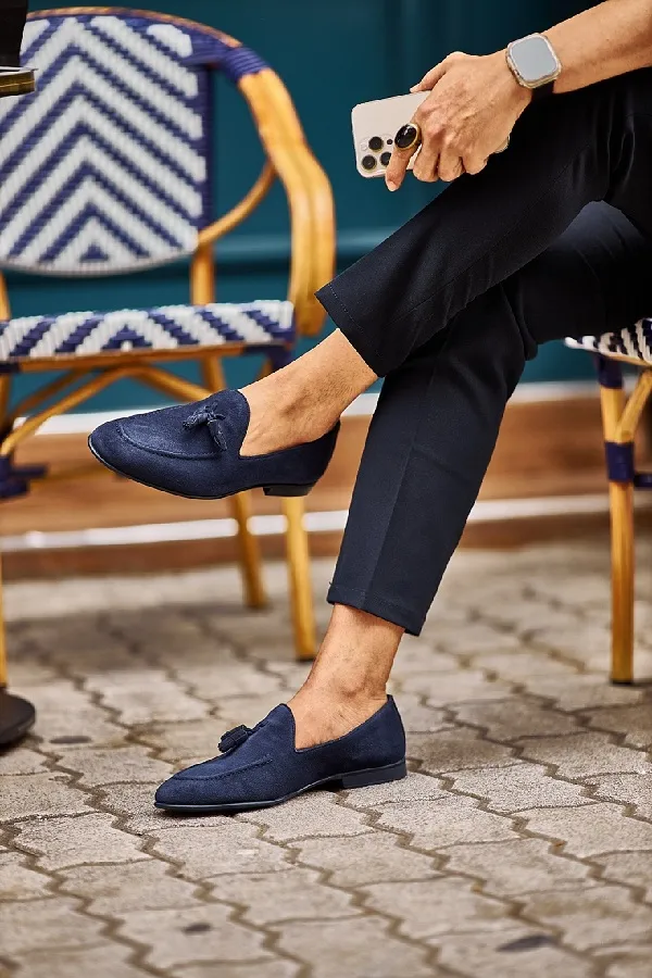 Navy Blue Suede Tassel Loafers for Men | GentWith