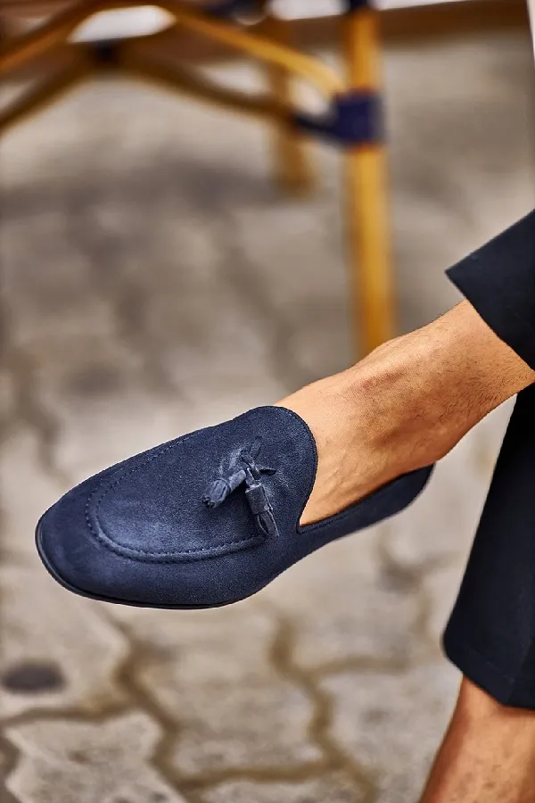 Navy Blue Suede Tassel Loafers for Men | GentWith