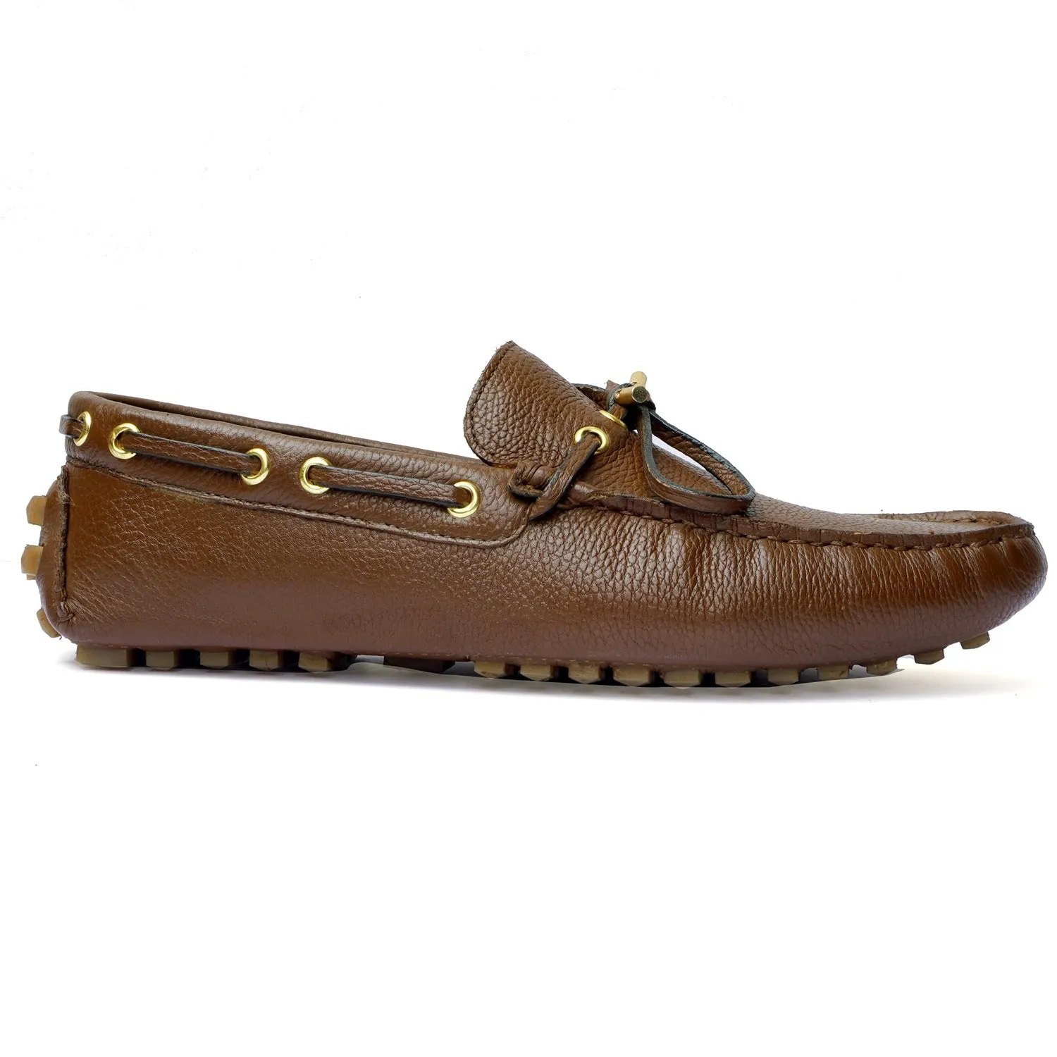 Nubs Sole Tassel Bow Driver Loafer in Textured Tan Leather