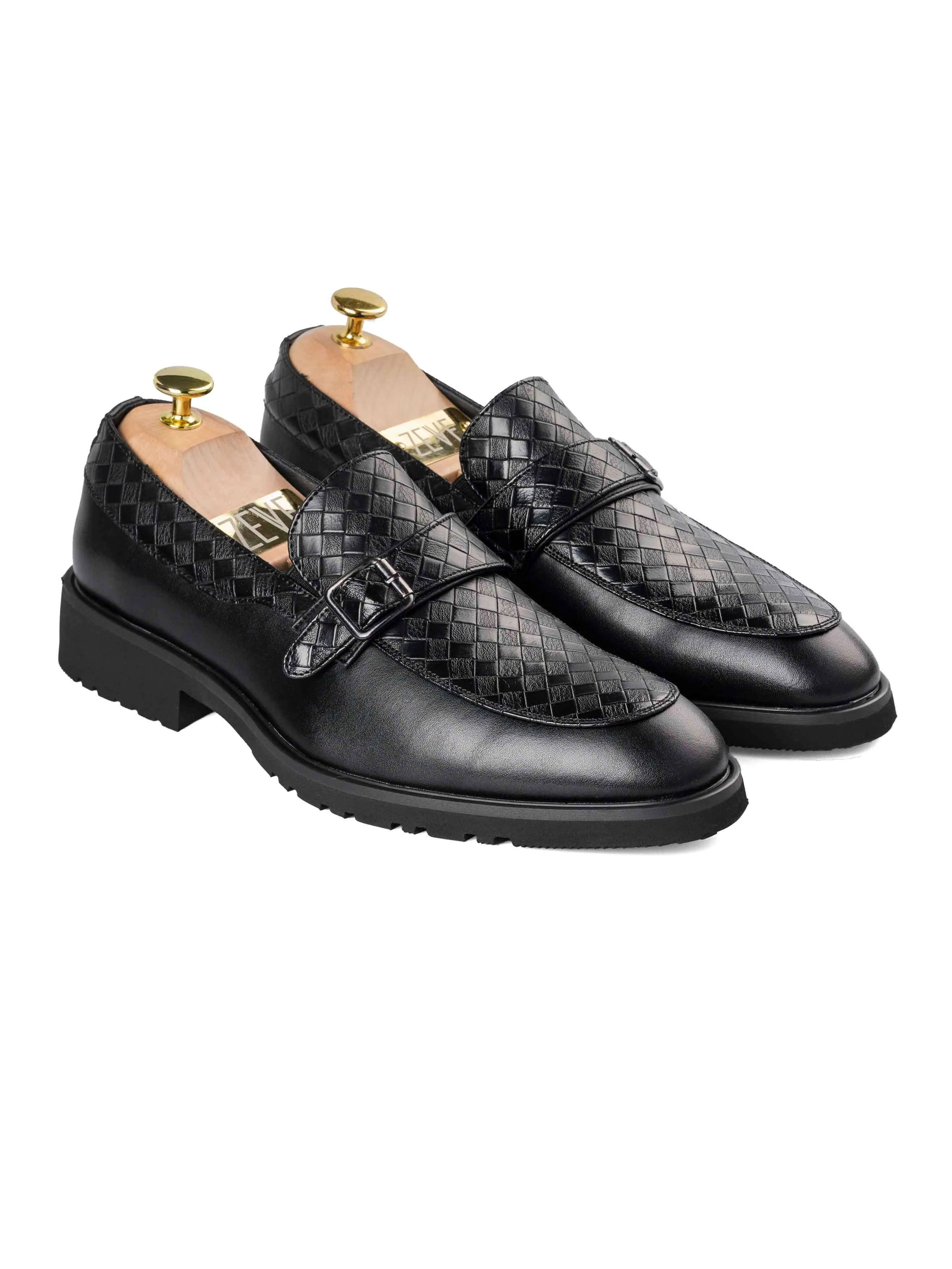 Oliver Single Strap Monk Loafer - Black Woven Leather (Flexi-Sole)