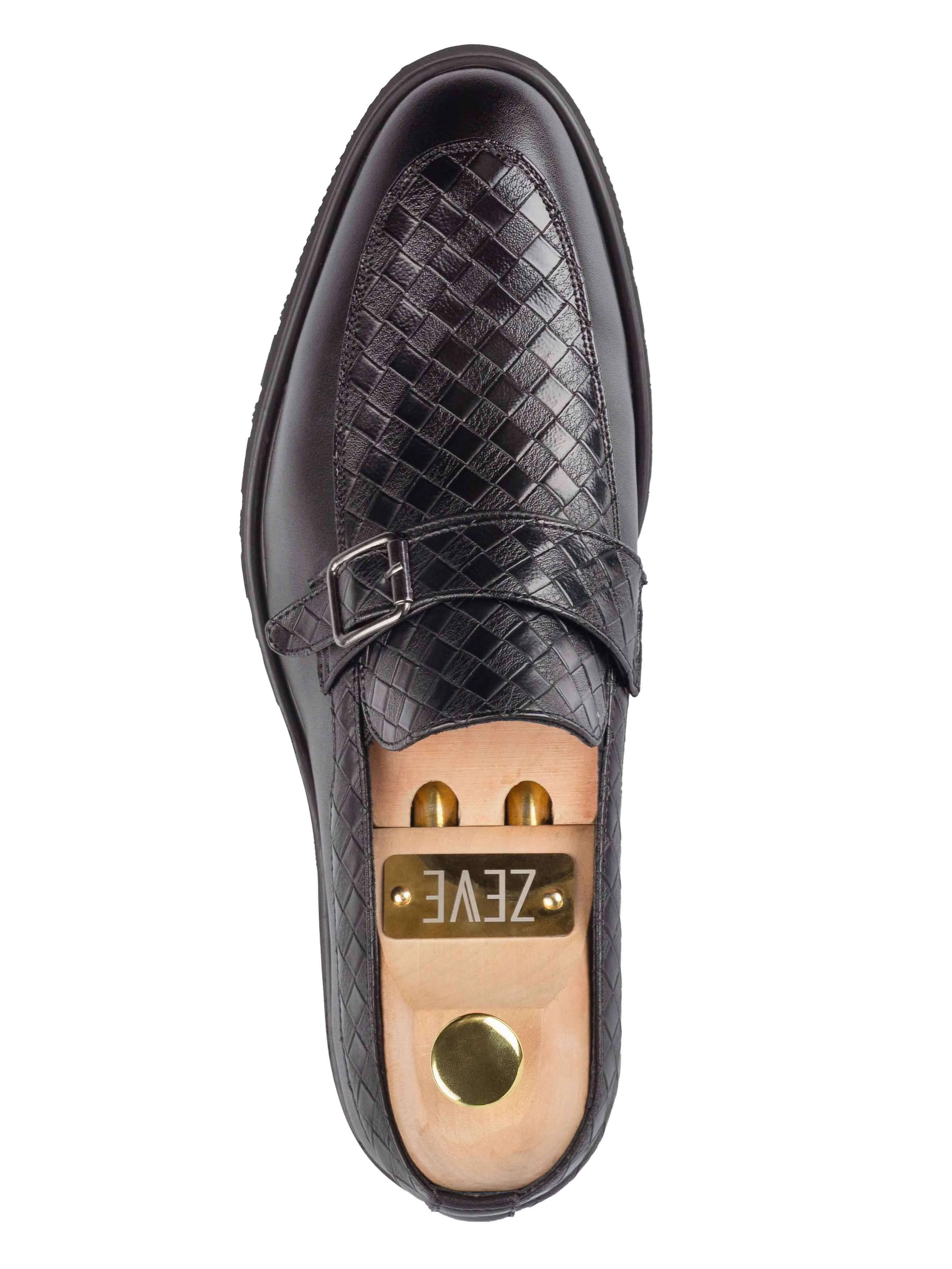 Oliver Single Strap Monk Loafer - Black Woven Leather (Flexi-Sole)