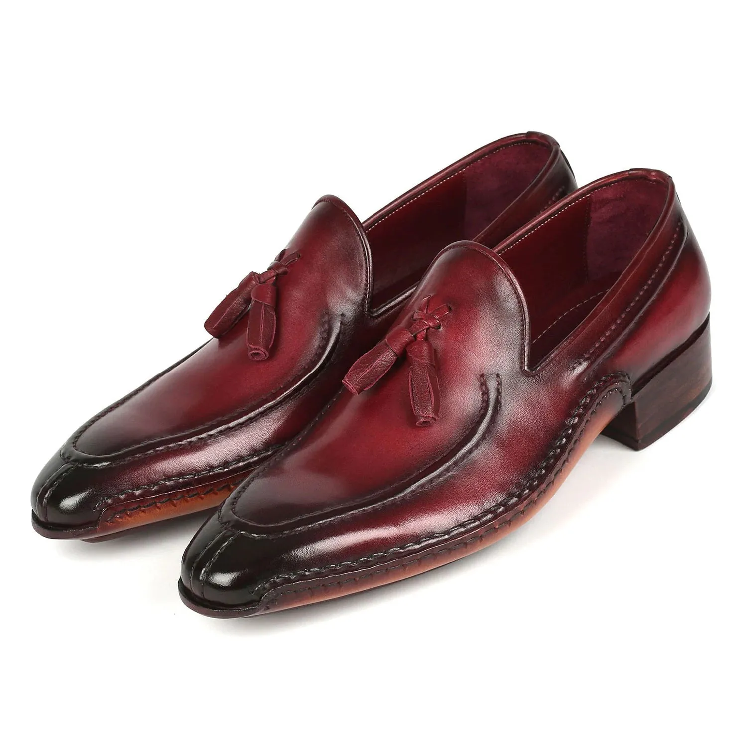 Paul Parkman 082-BRD Men's Shoes Bordeaux Calf-Skin Leather Opanka-Sewed Tassel Loafers (PM6358)