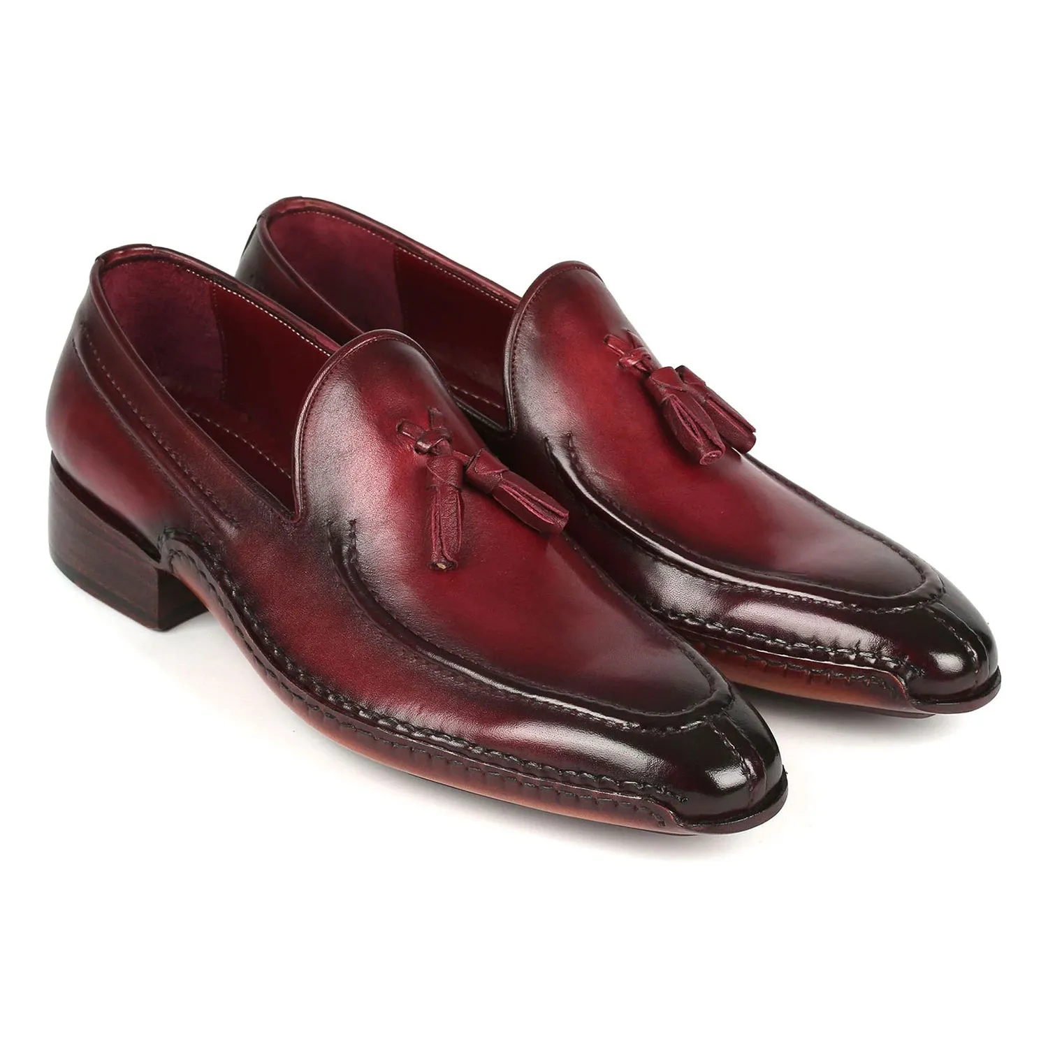 Paul Parkman 082-BRD Men's Shoes Bordeaux Calf-Skin Leather Opanka-Sewed Tassel Loafers (PM6358)