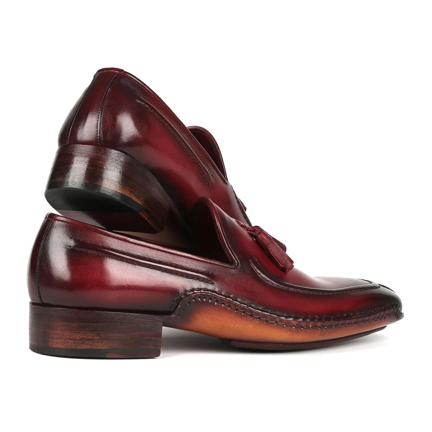 Paul Parkman 082-BRD Men's Shoes Bordeaux Calf-Skin Leather Opanka-Sewed Tassel Loafers (PM6358)