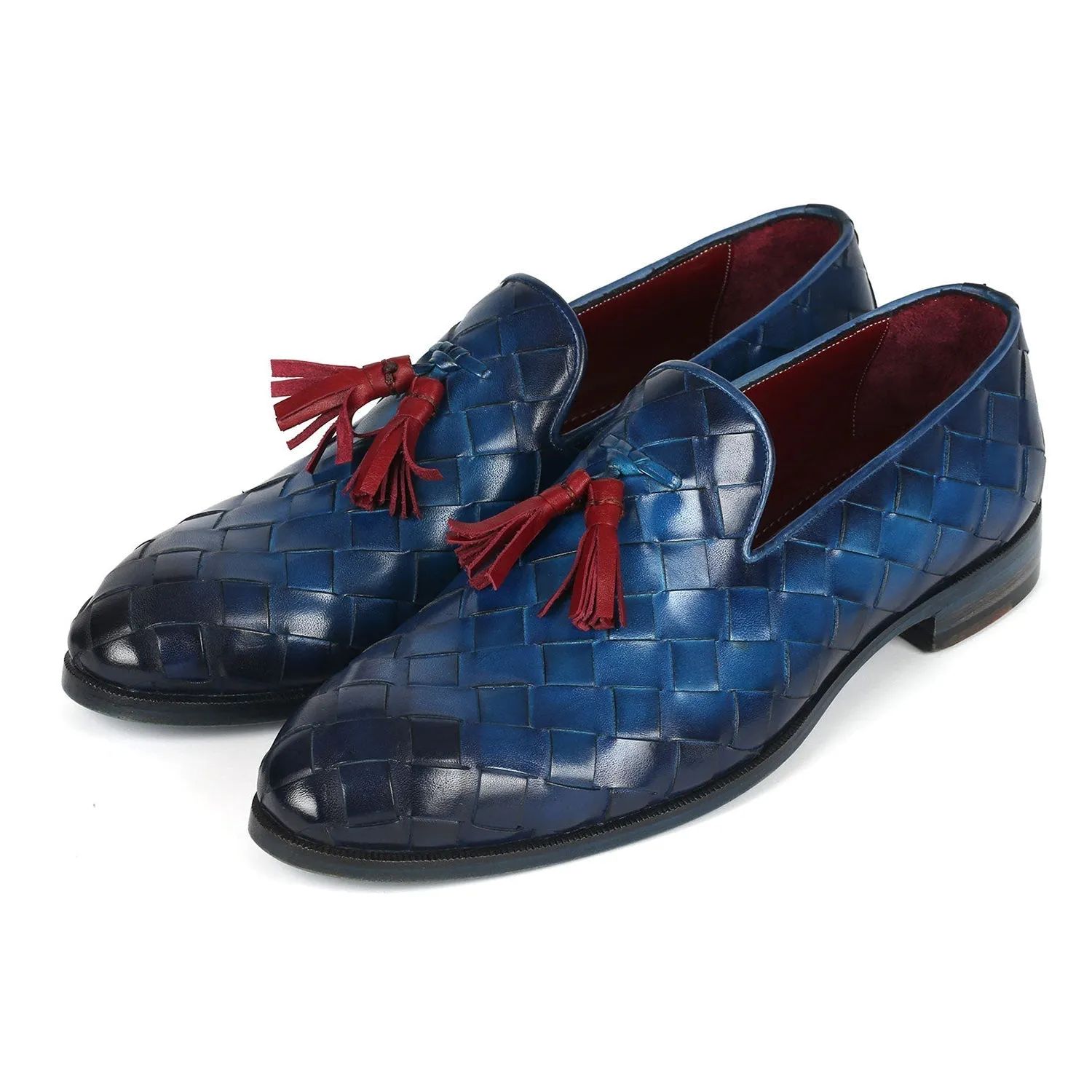 Paul Parkman 6623-BLU Men's Shoes Blue Big Braided Woven Leather Tassel Loafers (PM6377)