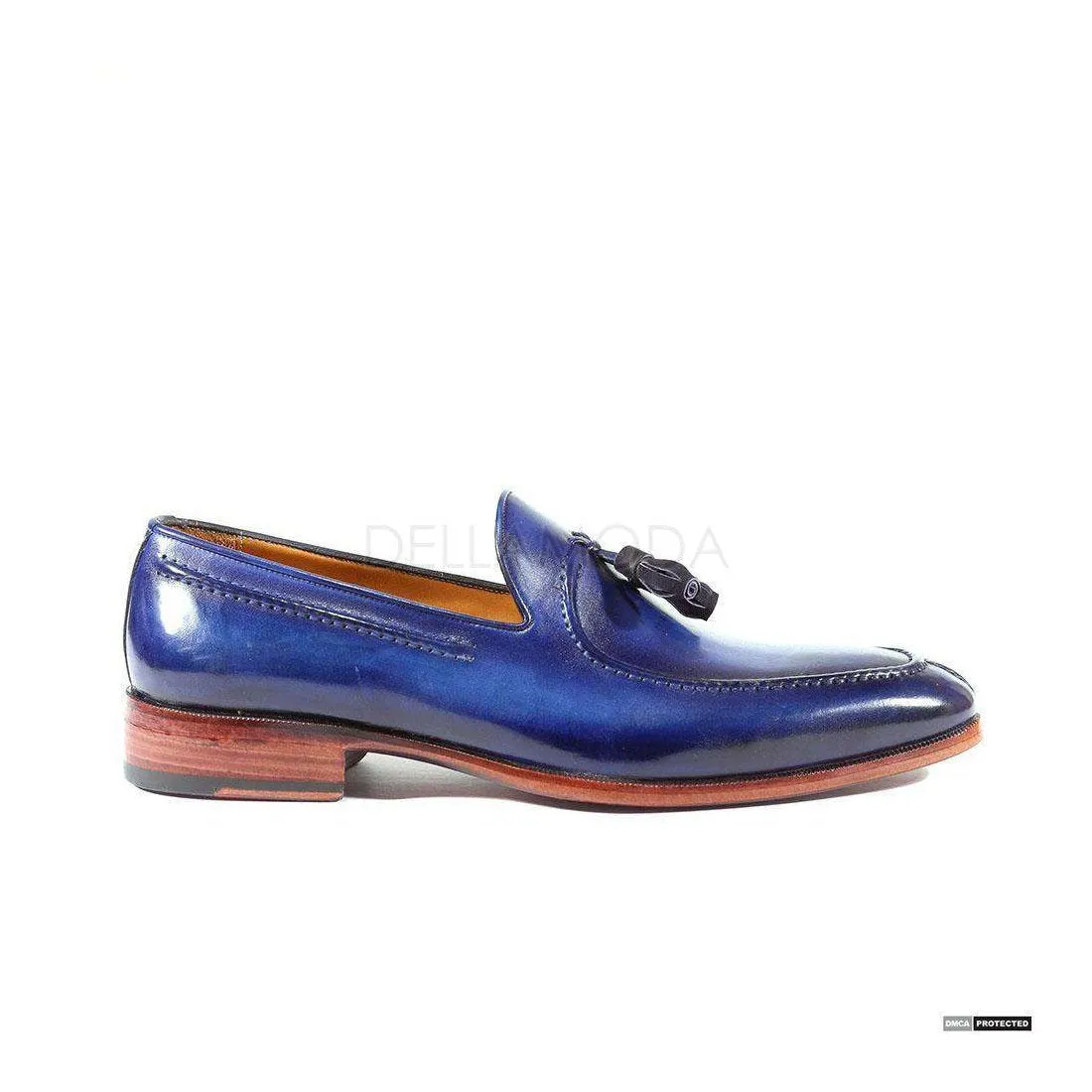 Paul Parkman Handmade Designer Shoes Handmade Men's Designer Shoes Tassel Hand-Painted Blue Loafers (PM1019)