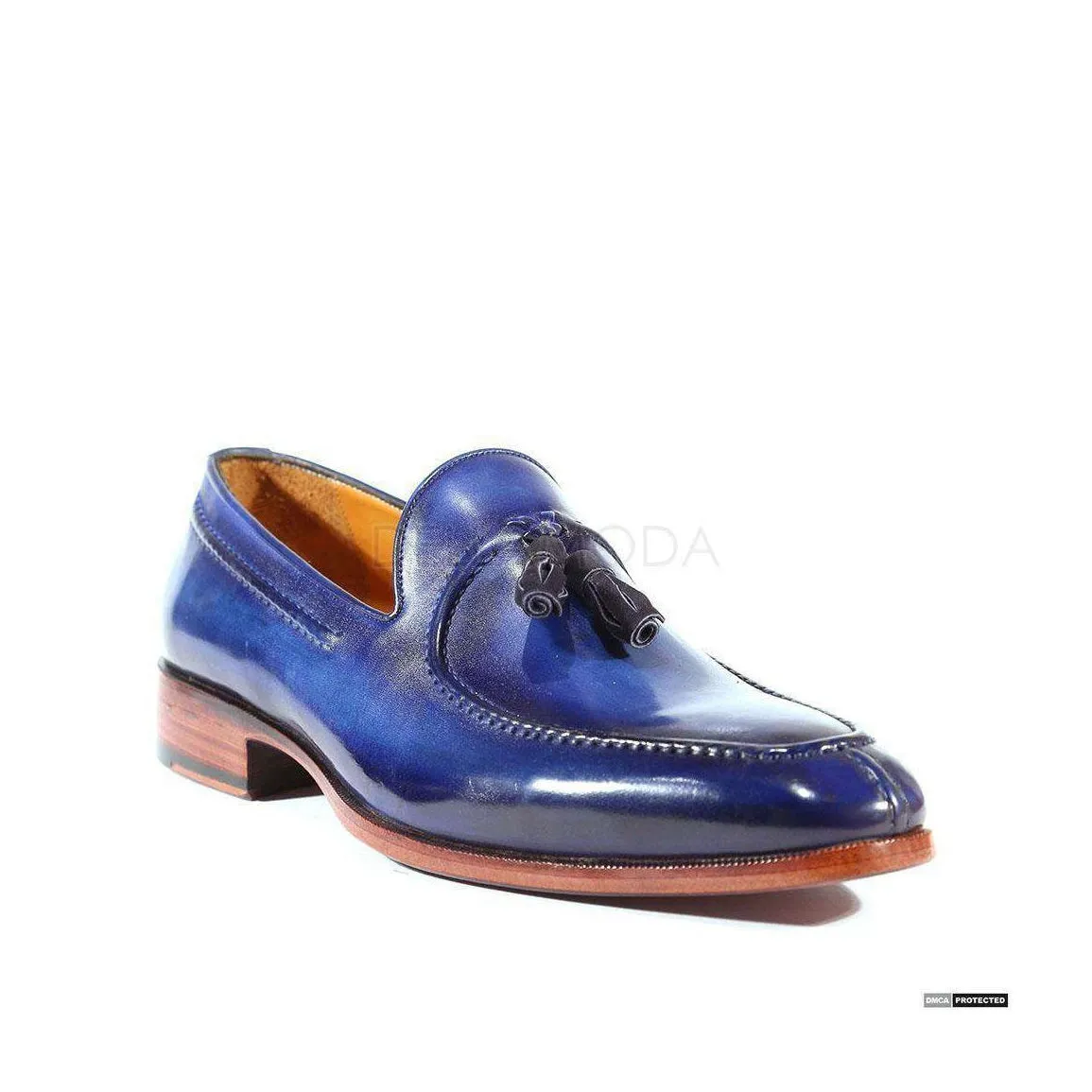 Paul Parkman Handmade Designer Shoes Handmade Men's Designer Shoes Tassel Hand-Painted Blue Loafers (PM1019)