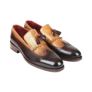 Paul Parkman Handmade Designer Shoes Men's Beige & Brown Calf-skin Leather Kiltie Tassel Loafers KT57BJ (PM5905)