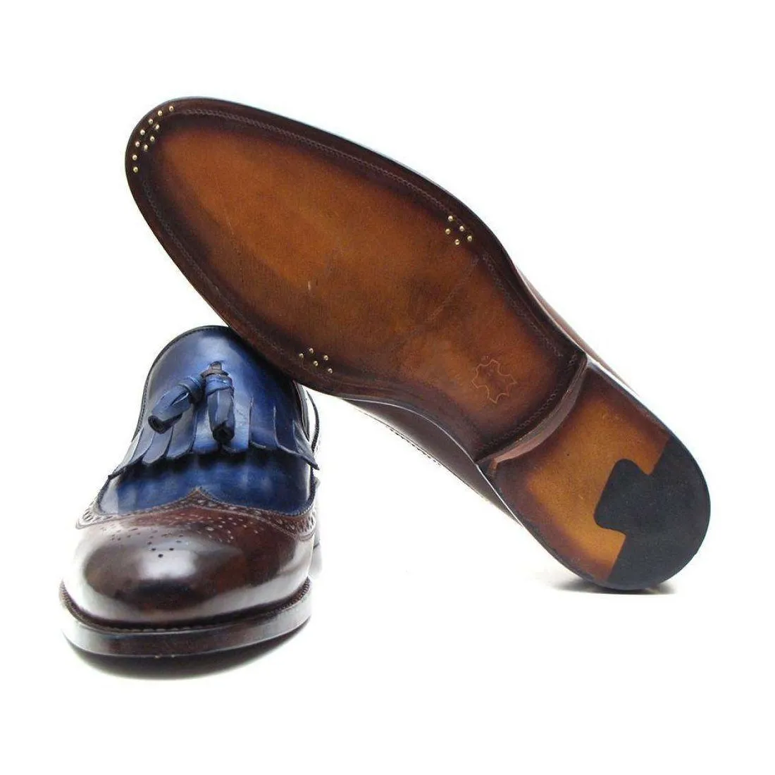 Paul Parkman Handmade Designer Shoes Men's Handmade Designer Shoes Kiltie Tassel Brown Navy Loafers (PM5202)