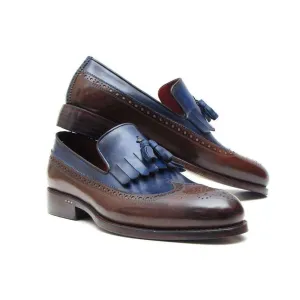 Paul Parkman Handmade Designer Shoes Men's Handmade Designer Shoes Kiltie Tassel Brown Navy Loafers (PM5202)