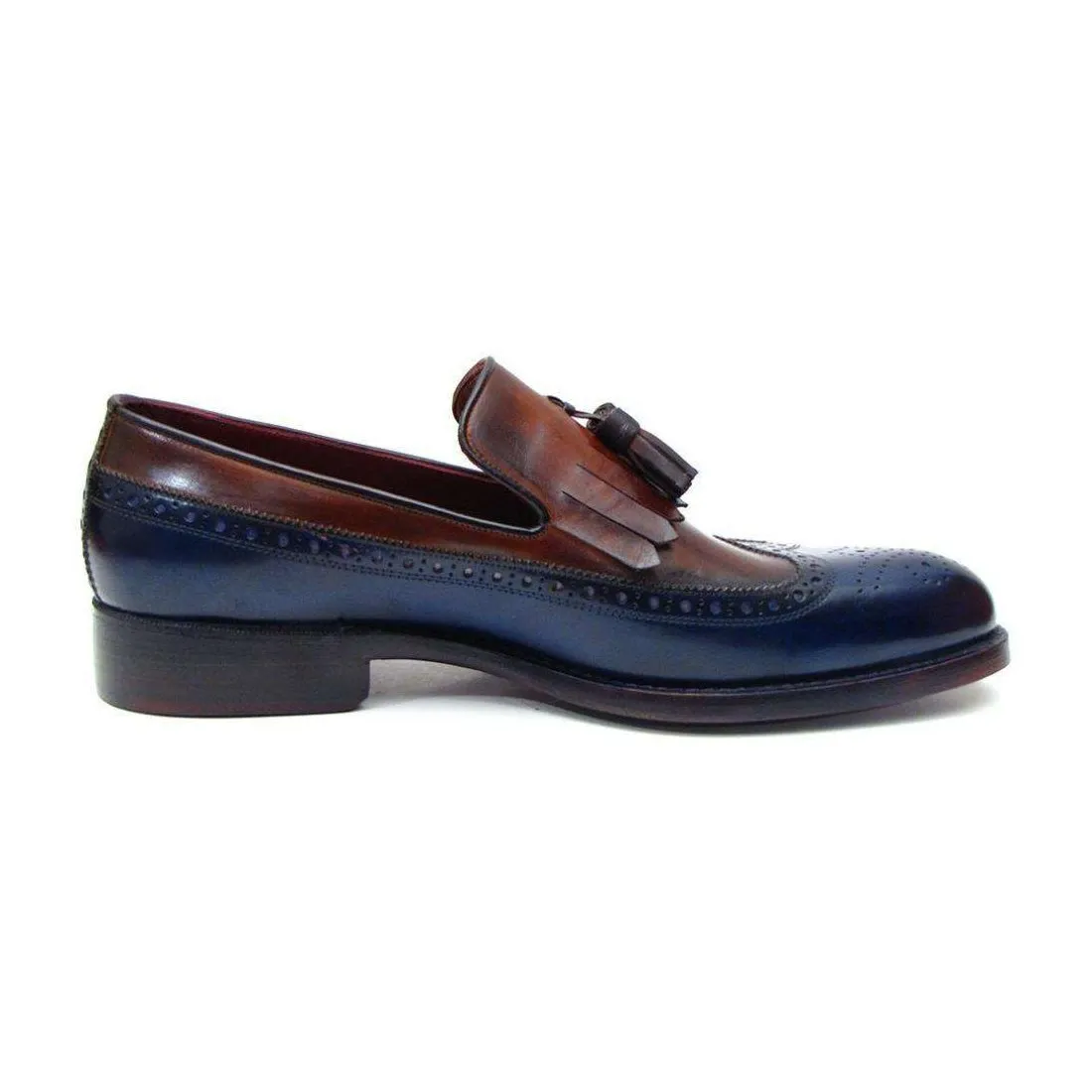 Paul Parkman Handmade Designer Shoes Men's Handmade Designer Shoes Kiltie Tassel Navy Tobacco Loafers (PM5203)