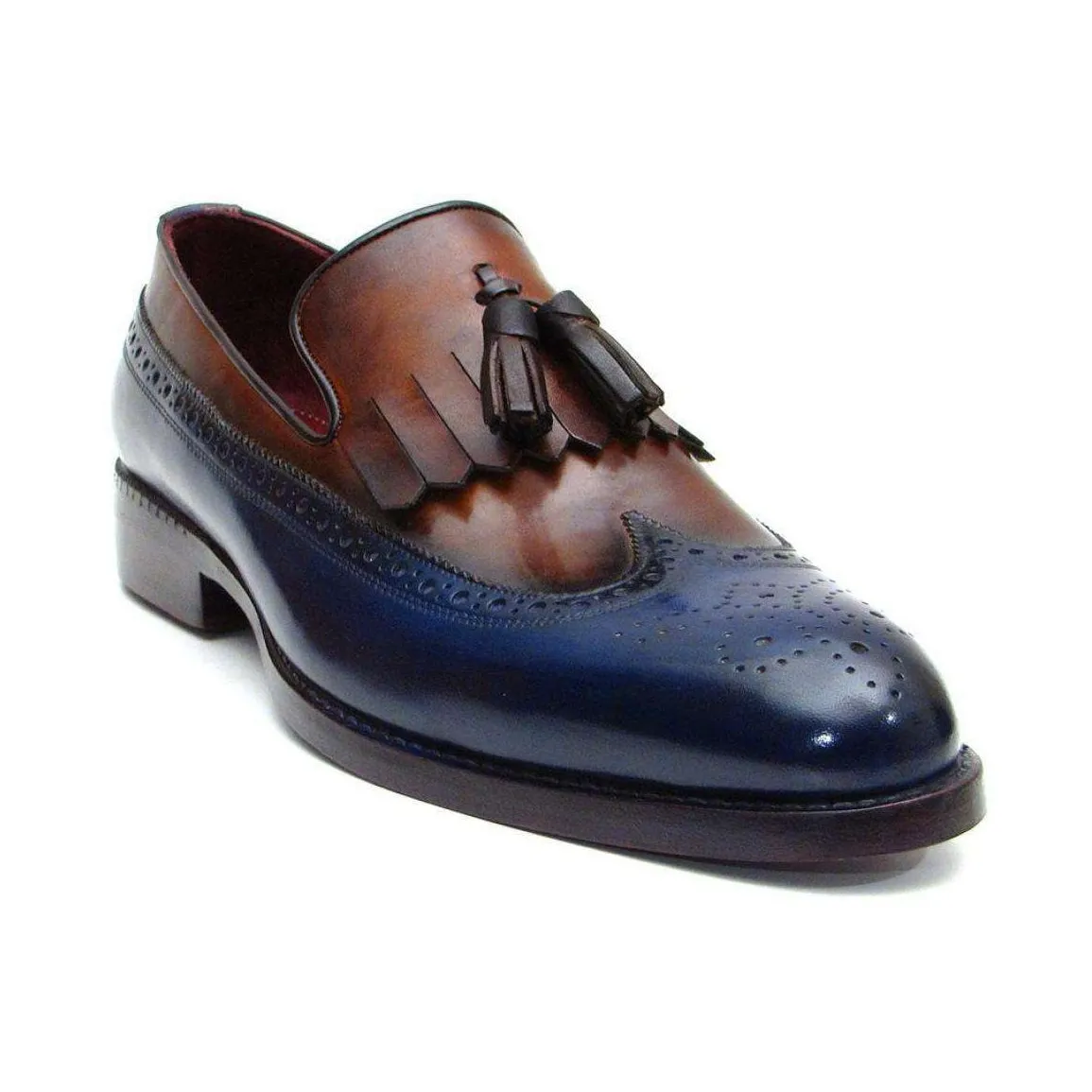 Paul Parkman Handmade Designer Shoes Men's Handmade Designer Shoes Kiltie Tassel Navy Tobacco Loafers (PM5203)