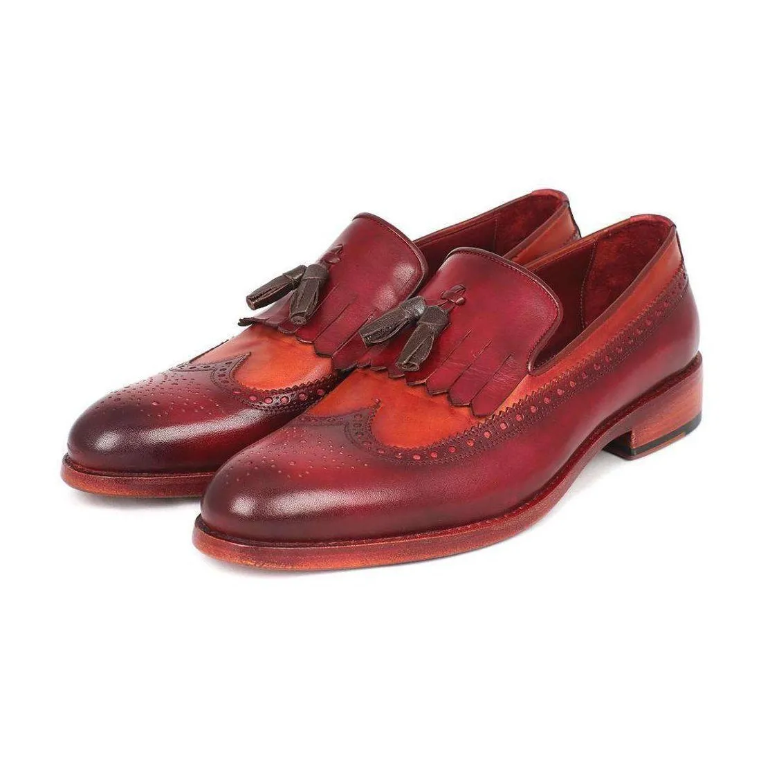 Paul Parkman Handmade Designer Shoes Men's Handmade Designer Shoes Kiltie Tassel Red Tobacco Burgundy Loafers (PM5204)