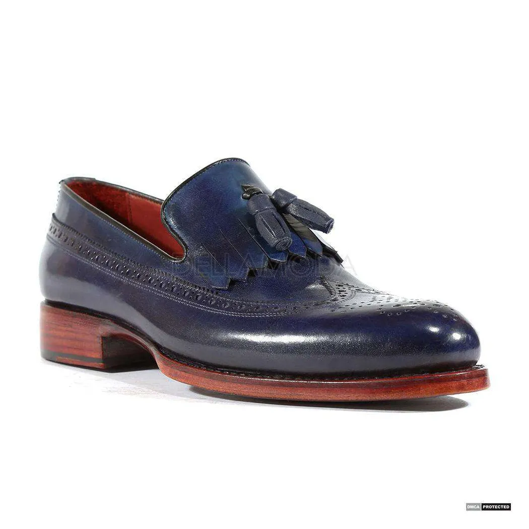 Paul Parkman Handmade Designer Shoes Men's Handmade Kiltie Tassel Dark Blue Loafers (PM1115)