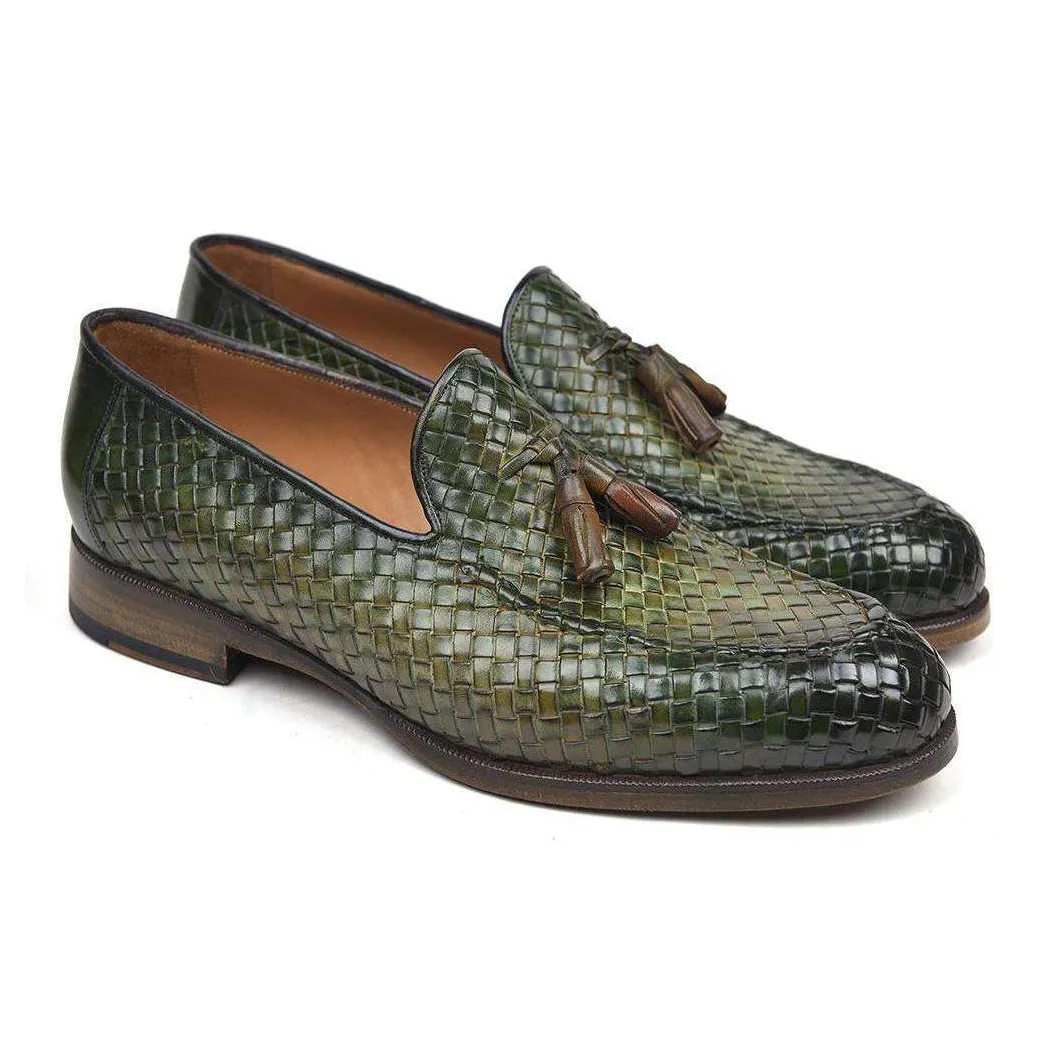 Paul Parkman Handmade Designer Shoes Woven Leather Tassel Green Loafers (PM5508)