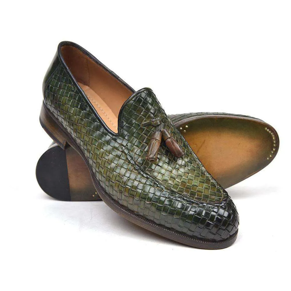 Paul Parkman Handmade Designer Shoes Woven Leather Tassel Green Loafers (PM5508)