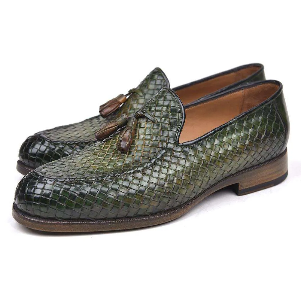 Paul Parkman Handmade Designer Shoes Woven Leather Tassel Green Loafers (PM5508)