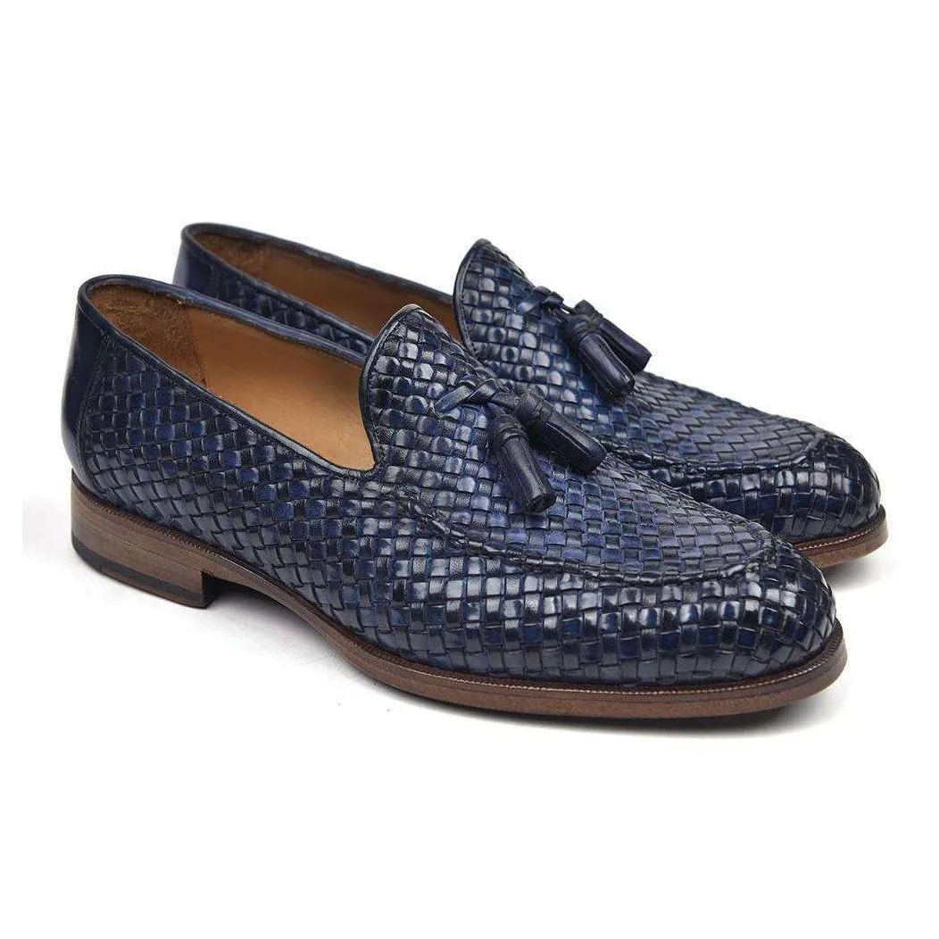 Paul Parkman Handmade Designer Shoes Woven Leather Tassel Navy Loafers (PM5507)