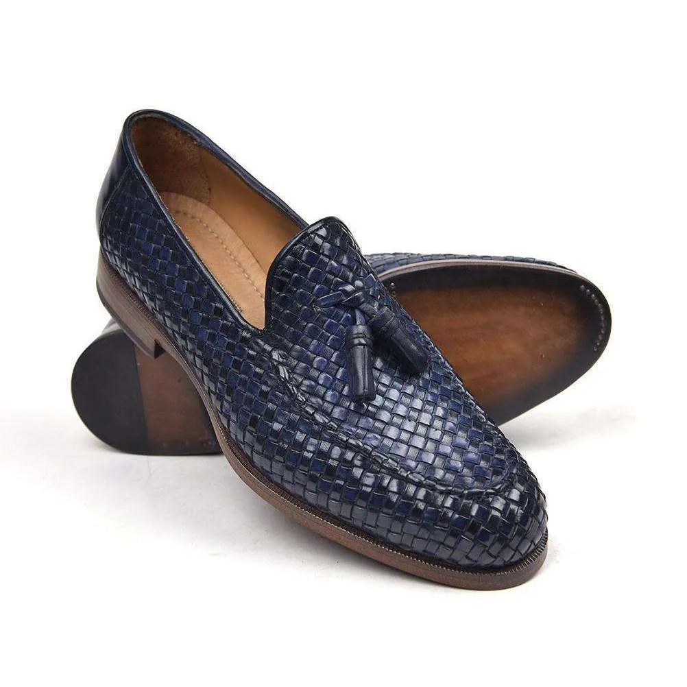 Paul Parkman Handmade Designer Shoes Woven Leather Tassel Navy Loafers (PM5507)