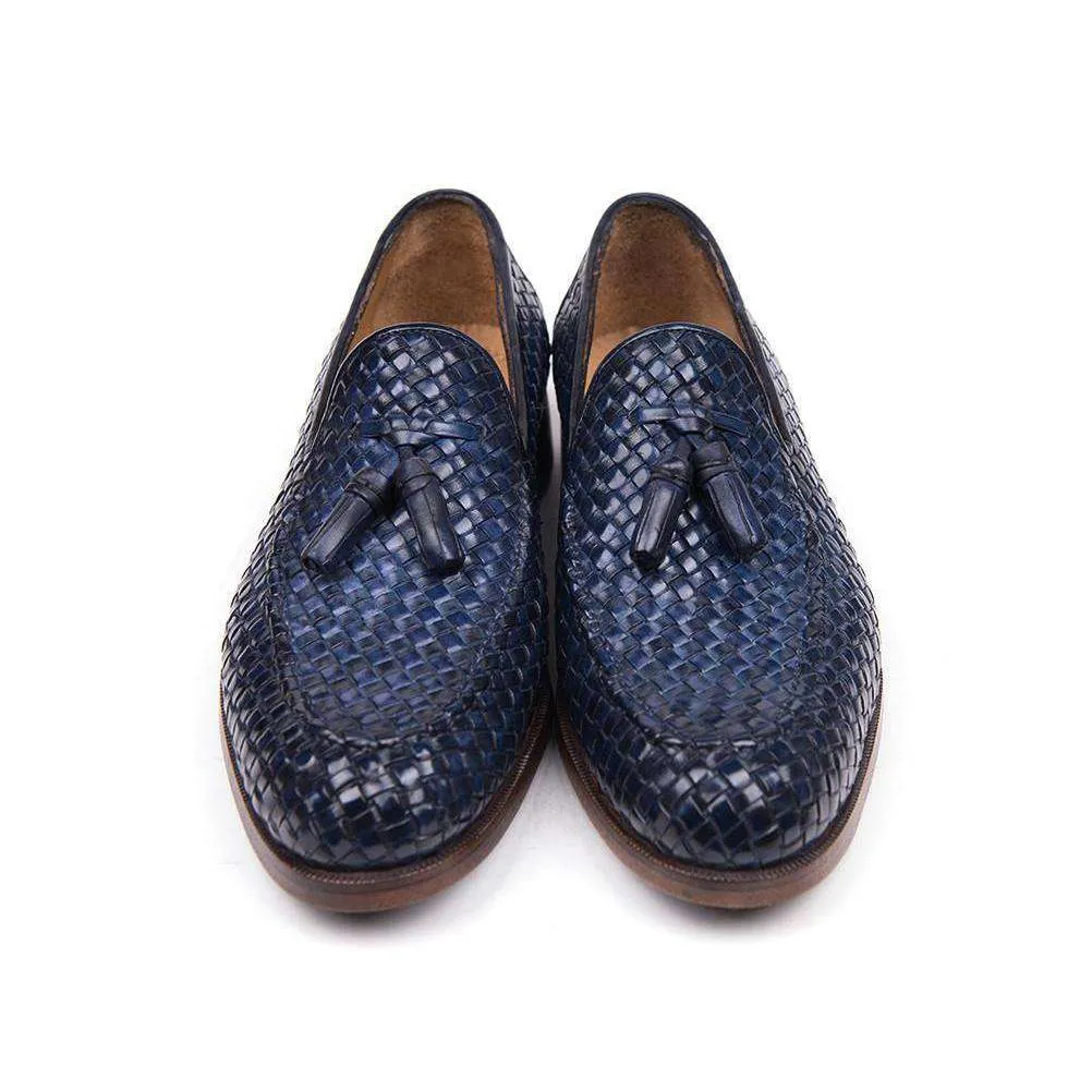 Paul Parkman Handmade Designer Shoes Woven Leather Tassel Navy Loafers (PM5507)