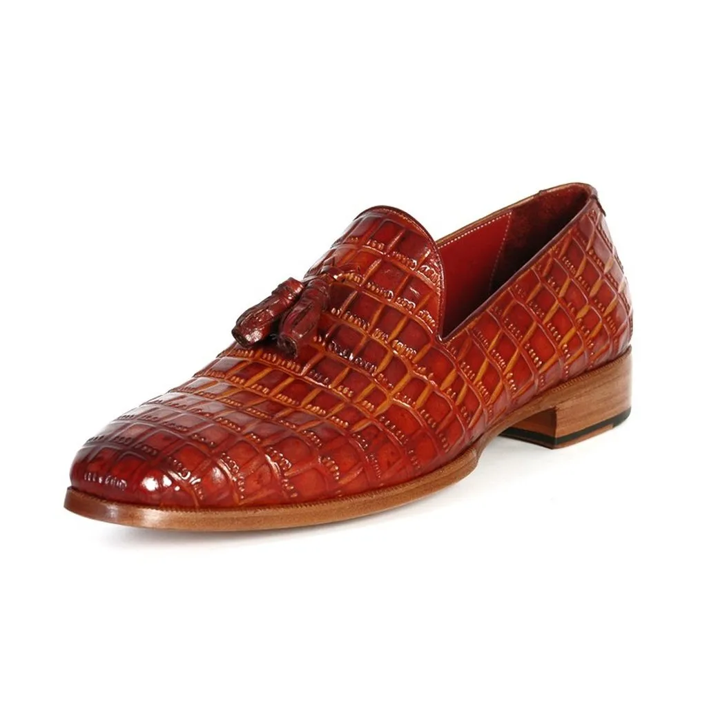 Paul Parkman Men's Reddish Camel Crocodile Embossed Calfskin Tassel Loafer (ID#0823-RDSH)