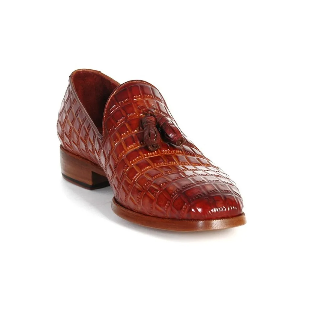 Paul Parkman Men's Reddish Camel Crocodile Embossed Calfskin Tassel Loafer (ID#0823-RDSH)