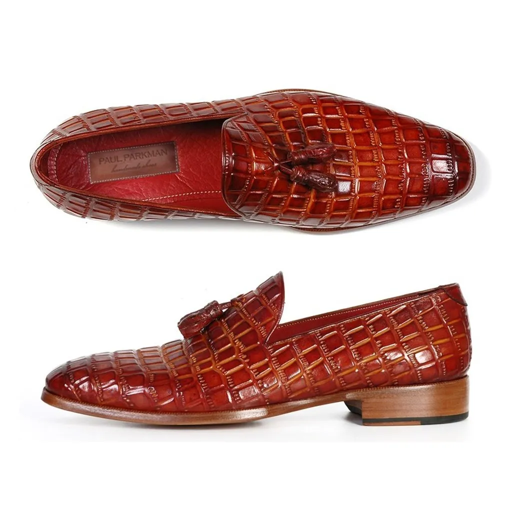 Paul Parkman Men's Reddish Camel Crocodile Embossed Calfskin Tassel Loafer (ID#0823-RDSH)