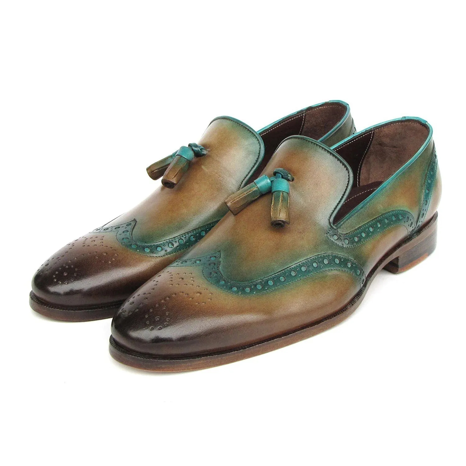 Paul Parkman WL667-OLV Men's Shoes Olive & Green Patina Leather Tassel Wingtip Loafers (PM6412)