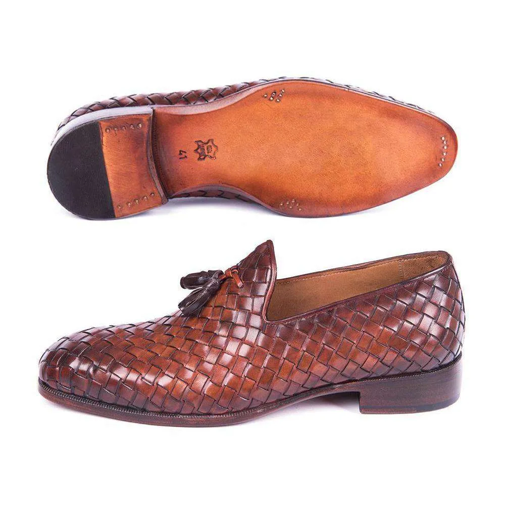 Paul Parkman WVN88-BRW Handmade Designer Shoes Men's Brown Woven Calfskin Tassel Loafers (PM5803)