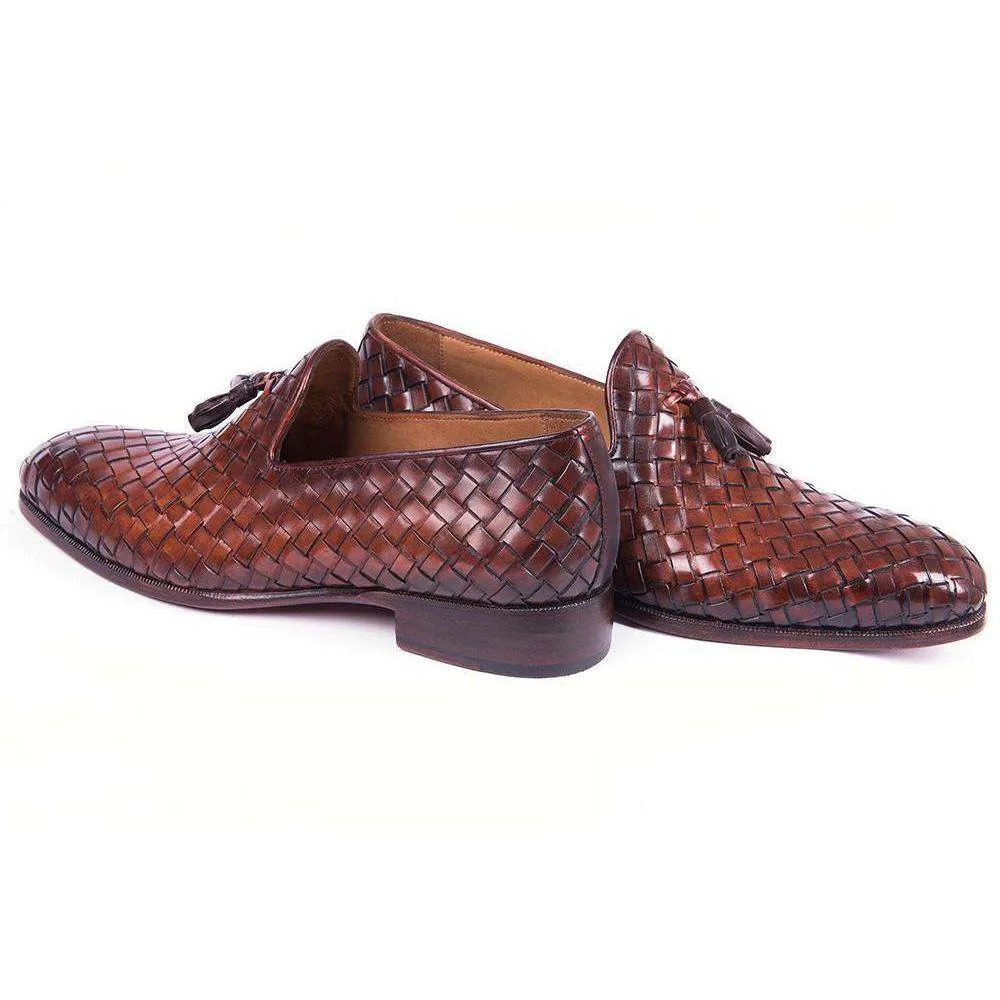 Paul Parkman WVN88-BRW Handmade Designer Shoes Men's Brown Woven Calfskin Tassel Loafers (PM5803)