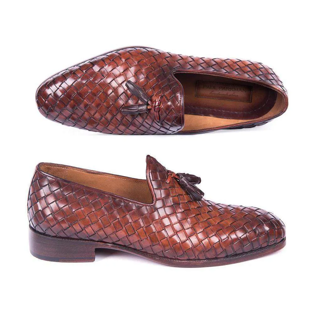 Paul Parkman WVN88-BRW Handmade Designer Shoes Men's Brown Woven Calfskin Tassel Loafers (PM5803)