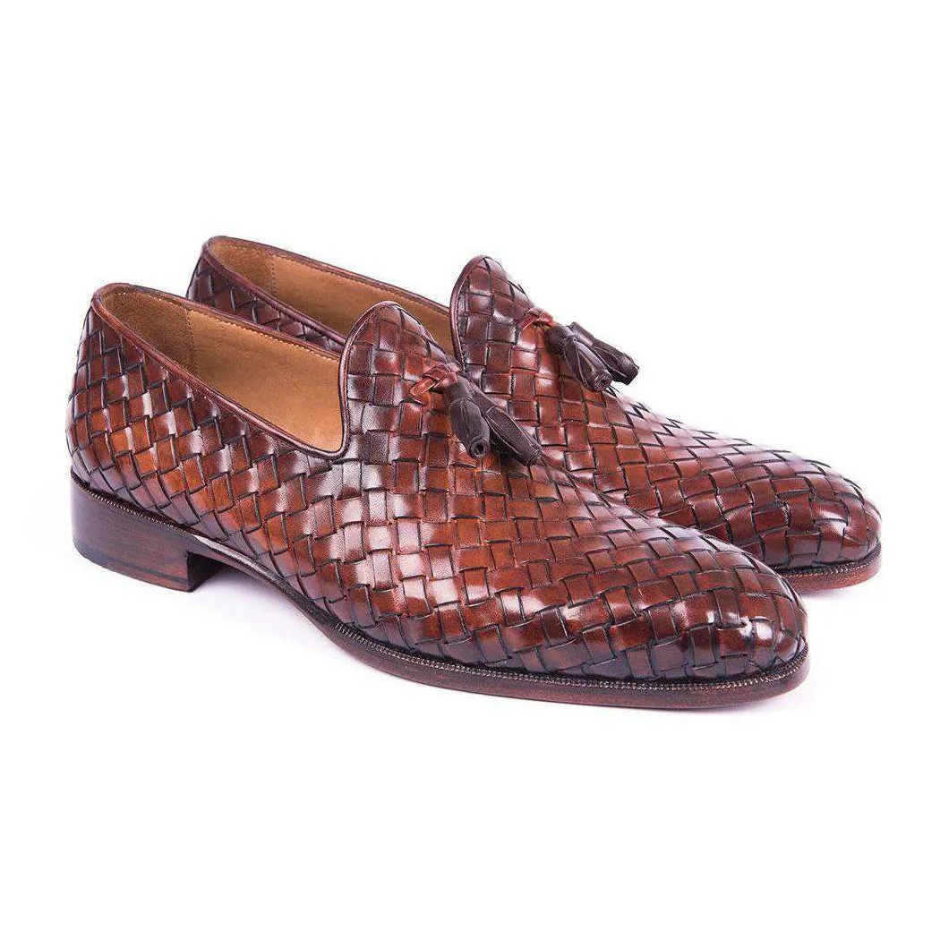 Paul Parkman WVN88-BRW Handmade Designer Shoes Men's Brown Woven Calfskin Tassel Loafers (PM5803)