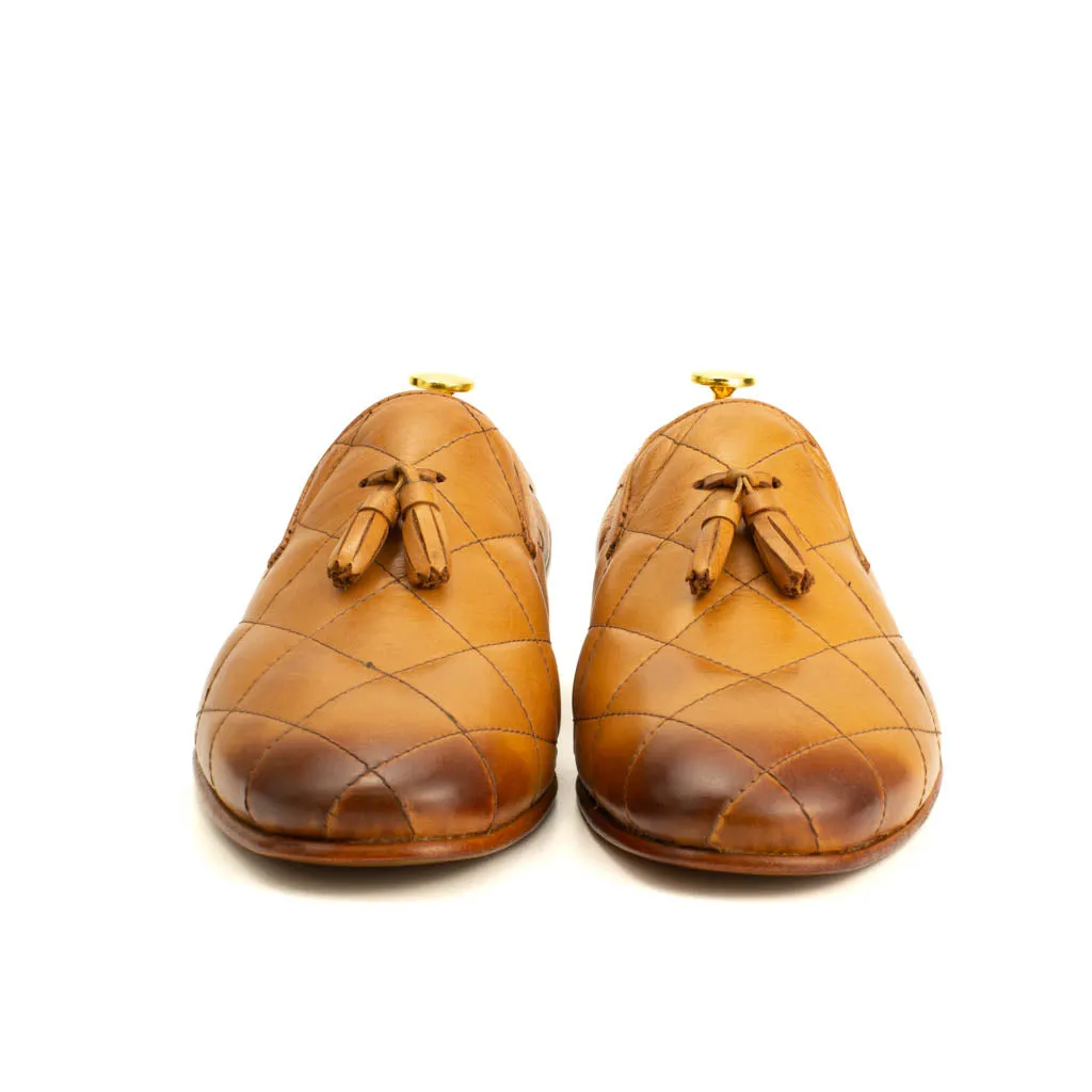 Premium Quilted Leather Tassel Loafers in Brown