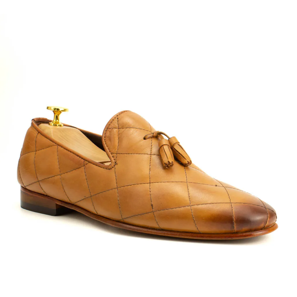 Premium Quilted Leather Tassel Loafers in Brown